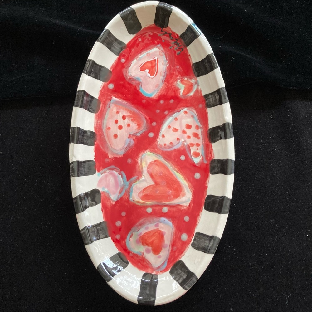 Handmade Ceramic Serving Tray Hearts On Scarlet “ 10”.5”x5.5” Original